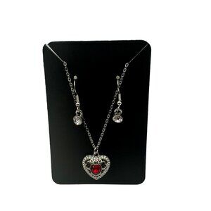 Silver Heart Pendant Necklace & Earrings Set With Red Crystal